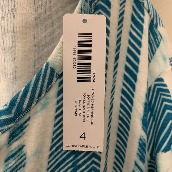 Chicos Top NWT Women's 4 (2X) Colorful Blocked Herringbone Tidal Teal Notch Neck - Picture 4 of 7